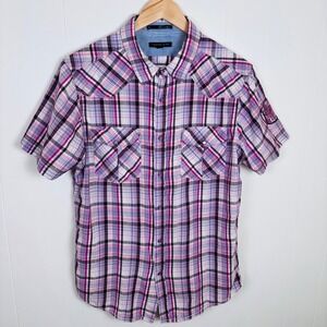 Twentyone Button‎ Down Shirt Plaid Short Sleeve Western Style Pearl Snap Mens M